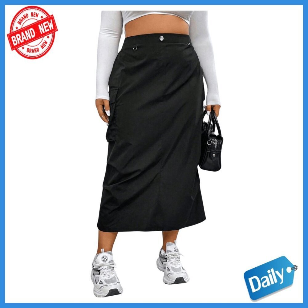 Plus Size Elastic High Waist Cargo Midi Skirt Casual Solid Polyester